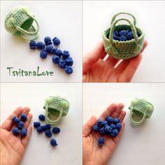 crocheted baskets with blue beads are shown in four different positions, including one being held by someone's hand