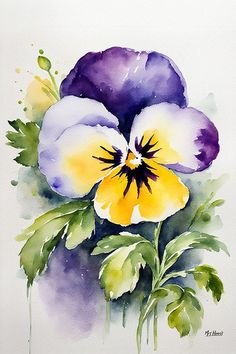 watercolor painting of purple and yellow pansies