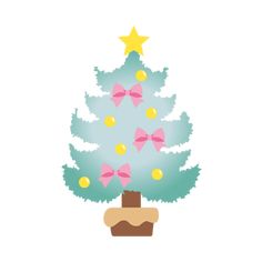 a blue christmas tree with pink bows on it's head and yellow balls around the base