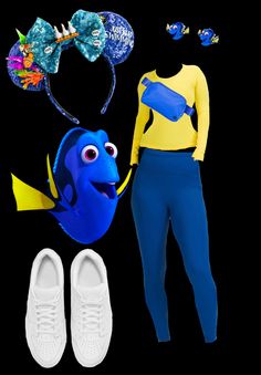 an image of finding nemo costume with shoes and headbands on black background