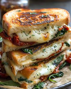 two grilled cheese sandwiches stacked on top of each other with fresh herbs and seasoning