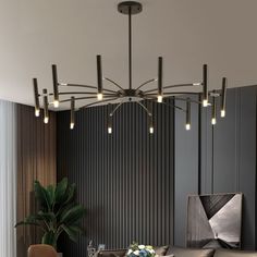 an elegant living room with modern lighting fixtures