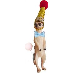 a small dog wearing a party hat and holding a balloon in its mouth while standing on it's hind legs