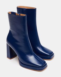 FREYA Navy Leather Square Toe Ankle Bootie | Women's Booties – Steve Madden Affordable Shoes For Women, Shoes Women 2024, Blue Shoes Wedding, Leather Aesthetic, Boots With Jeans, Navy Heels, Navy Boots, Women's Booties, Winter Heels