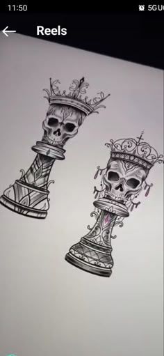 two skulls with crowns on their heads are depicted in an image that appears to have been drawn