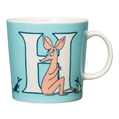 a blue and white coffee cup with a cartoon kangaroo on it's side, in the letter d