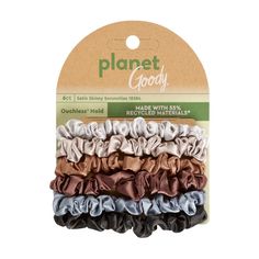 Introducing Planet Goody® for Target Recycled Satin Skinny Scrunchies. These scrunchies are made with 55% recycled materials, and are packaged on post-consumer recycled Kraft paperboard. Featuring a silky-soft fabric that is gentle on hair and helps fight frizz, with a slim, on-trend silhouette. Includes 6 satin scrunchies in gorgeous earthy tones. Affordable, high-impact Ouchless® style that's kind to your hair and inspired by our planet. Exclusively at Target. It's all Goody! Hair Acessories, Satin Scrunchies, Hair Elastic, Hair Accessories Set, Hair Scrunchies, Elastic Hair Ties, Recycled Rubber, Hair Elastics, Style Hair