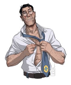 the man is wearing a shirt and tie with his hands on his chest, while he has