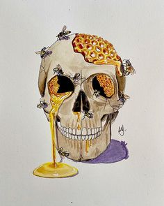 a drawing of a human skull with honey dripping from its mouth