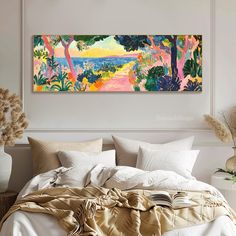 a large painting on the wall above a bed