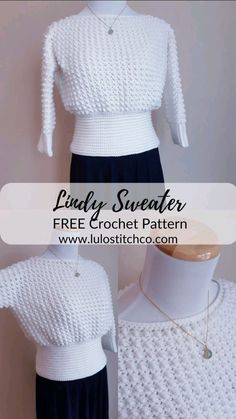 a crocheted sweater and skirt on display with the text, free crochet pattern