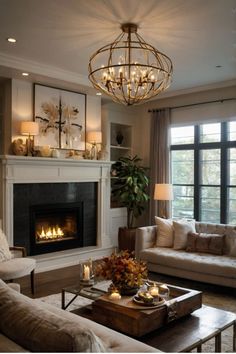 a living room filled with furniture and a fire place under a chandelier in front of a window