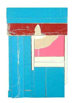 an abstract painting of a blue building with a red awning over the door and window