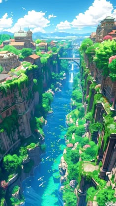 a river running through a lush green forest next to tall buildings on the side of a cliff