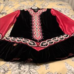 This Custom-Made Black Pink And White Solo Dress Is Made With Velvet And Satin Has Hand Done Details And Beautiful Embroidery. Shoulder To Hem Is 31 Inches Shoulder To Drop Waist Is 21 Inches Pit To Pit 20 Inchessleeves Are 23 Inches Embroidery Shoulder, Solo Dress, Irish Dancing, Irish Dance, Beautiful Embroidery, Drop Waist, Pink And White, Dancing, Colorful Dresses