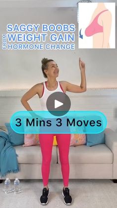 a woman standing in front of a couch with the words 3 mins 3 moves