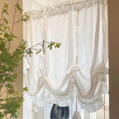 a window with white curtains hanging from it's sides and a potted plant in the foreground