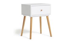 a white nightstand with two wooden legs and an open drawer on the top, in front of a white background