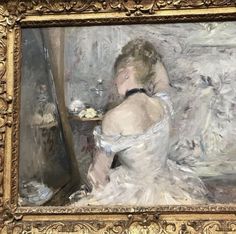 a painting of a woman sitting in front of a mirror