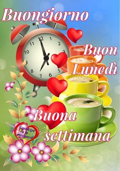 an advertisement for a coffee shop featuring two cups of coffee and a clock with hearts on it