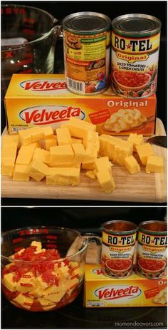 two pictures showing different types of food in containers and on the same shelf, one has cheese cubes