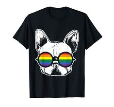 a dog wearing sunglasses with the colors of the rainbow on it's face t - shirt