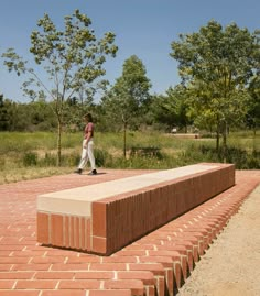 a person walking on top of a brick walkway