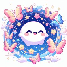 a white cat surrounded by butterflies and stars