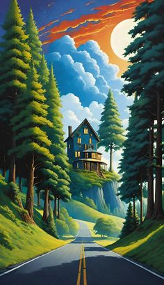 a painting of a house in the middle of a road with trees on both sides