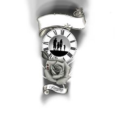 a clock with an image of two people and a rose in the middle, on a white background