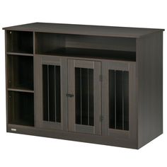 a wooden entertainment center with glass doors on the front and bottom shelves in dark brown