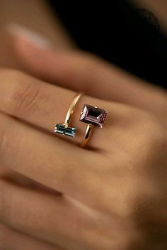 18kt polished gold ring topped with two square cut blue and purple sapphires Ring Design For Girls, Aesthetic Engagement Ring, Engagement Ring Non Traditional, Necklace Women Gold, Women Gold Chain, Aesthetic Engagement, Bridal Design, Swarovski Crystal Rings, Gold Chain Design