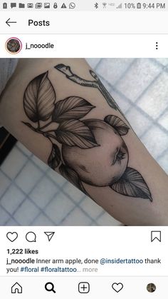 an apple tattoo on the arm with leaves