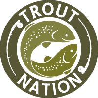 the logo for trout nation is shown in green and white with an image of a fish