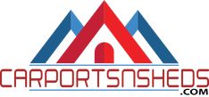 the logo for carportsheds com is shown in red, white and blue