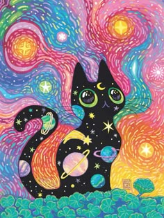 a black cat sitting on top of a green field under a night sky with stars and planets