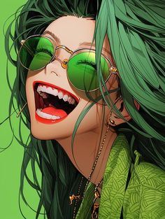 a woman with green hair and sunglasses smiling