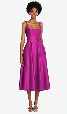 Square Neck Full Skirt Satin Midi Bridesmaid Dress With Pockets In American Beauty | The Dessy Group Satin Midi Bridesmaid Dress, Midi Bridesmaid Dress, Skirt Satin, Midi Dress With Pockets, Infinity Dress, Dress Order, Full Circle Skirts, Dreamy Dress, Satin Midi Dress