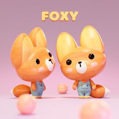 two toy animals sitting next to each other on top of a pink background with the words foxy above them