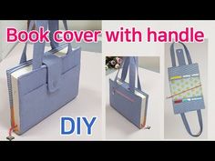 the book cover with handle is made out of fabric and has multiple pockets for books