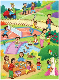 children playing in the park with their parents and dads on a sunny day illustration