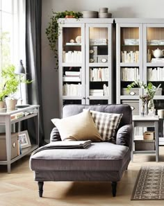 a living room filled with furniture and bookshelves next to a window covered in plants