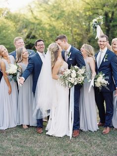 Chambray Bridesmaid Dress, Light Gray Bridesmaid Dresses, Romantic Bridesmaid Dresses, Navy Suit Wedding, Blue Suit Wedding, Grey Bridesmaids, Bridal Party Attire, Bridesmaid Colors, Grey Bridesmaid Dresses