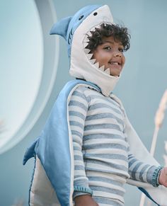 a young boy dressed in a shark costume