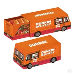 two orange dunkin'donuts delivery trucks are shown side by side with the same design