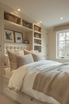 a large bed sitting under a window next to a white book shelf filled with books