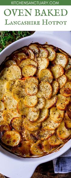 baked potato casserole in a white dish with text overlay that reads oven baked lancashire hotpot