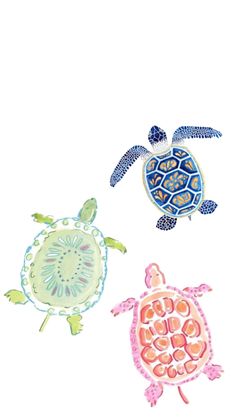 three sea turtles painted in different colors and patterns on a white background, each with an animal's head