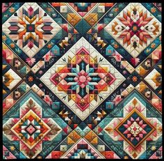 a colorful quilt with many different designs on it