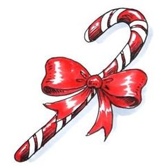 a red and white candy cane with a bow on it's side, drawn by hand